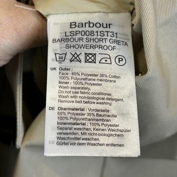 Barbour Short Greta Showerproof Trench Coat Light Fawn Women's 12 NWT Classic - Picture 15 of 16